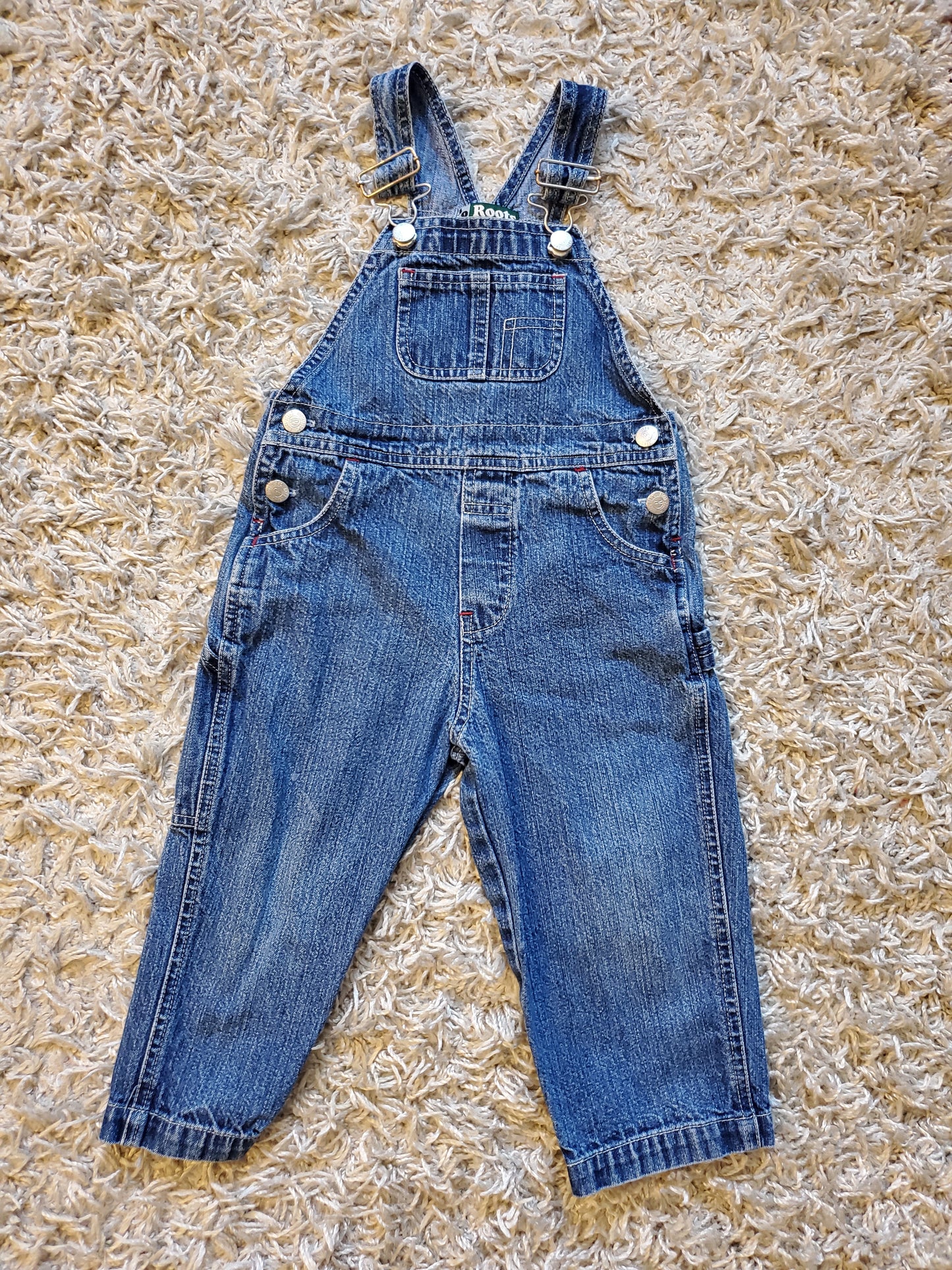 Roots infant overalls. Denim coveralls.  Size infant XL. ( 9-12 months).
