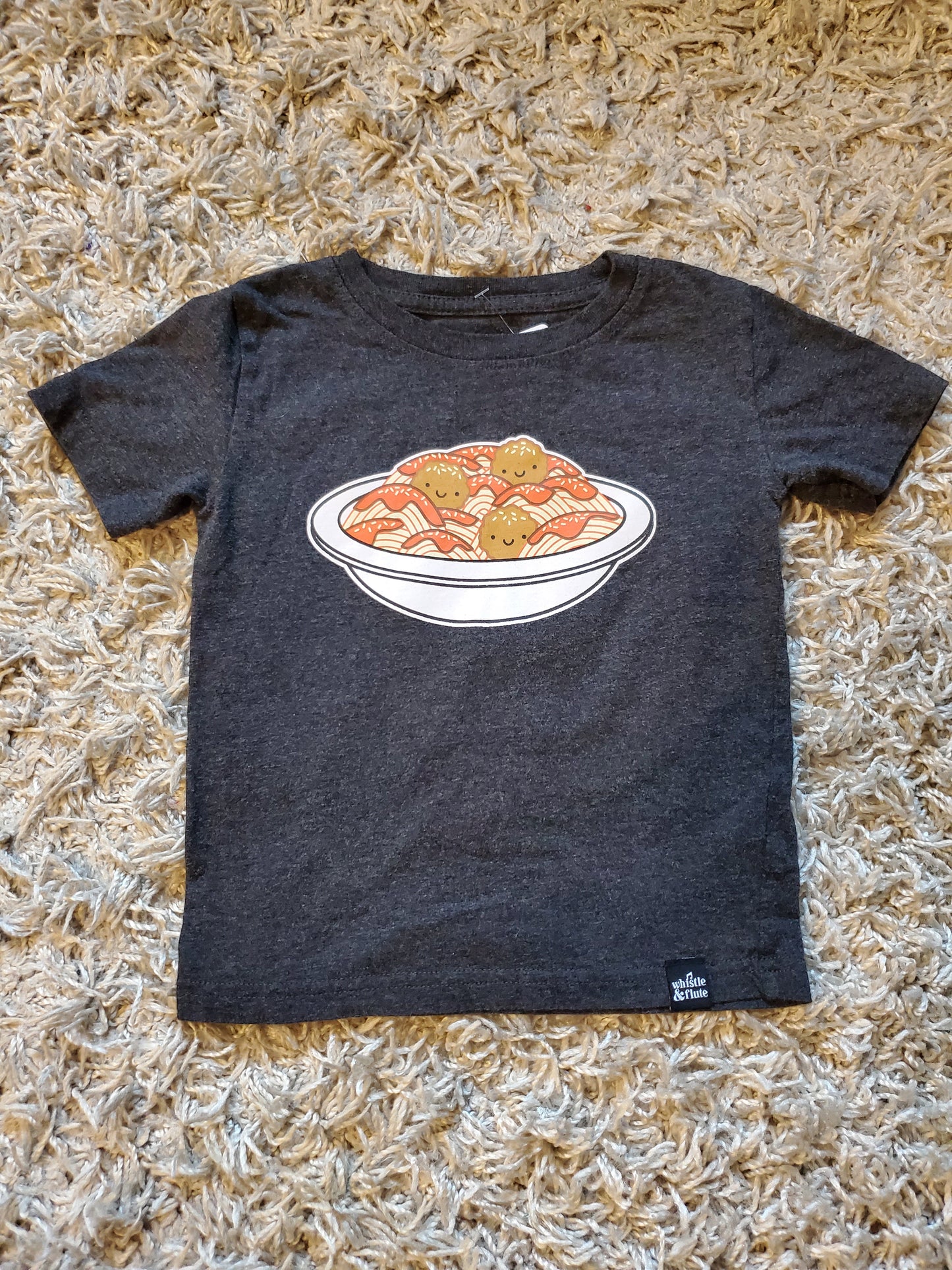 Whistle and Flute Spaghetti T-shirt. Size 3-4 years.